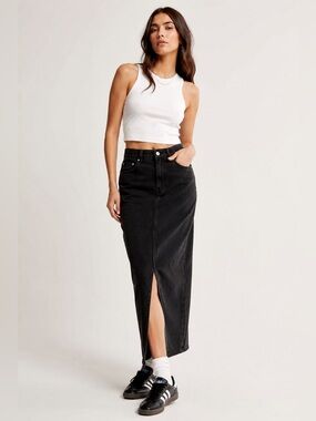 ASOS Design Denim Midi Skirt with Split Hem in Washed Black/Size 6